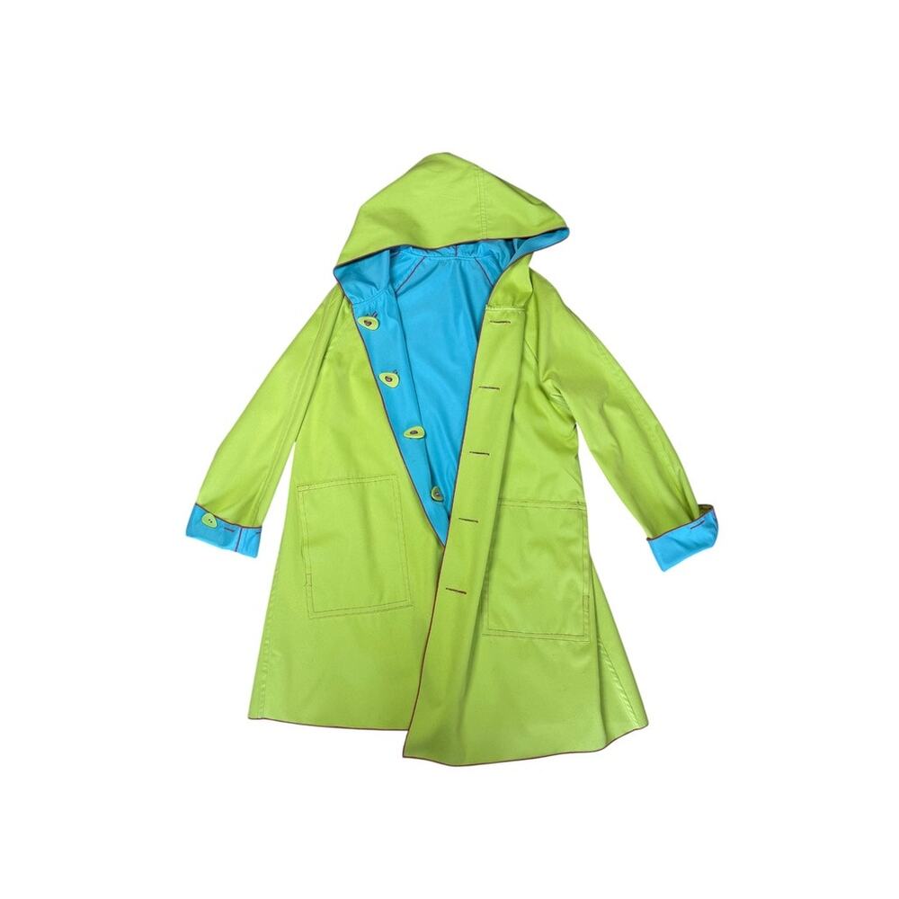 UBU Piped Reversible Parisian Style Bright Blue Lime Green Hooded Raincoat Small - Picture 2 of 11